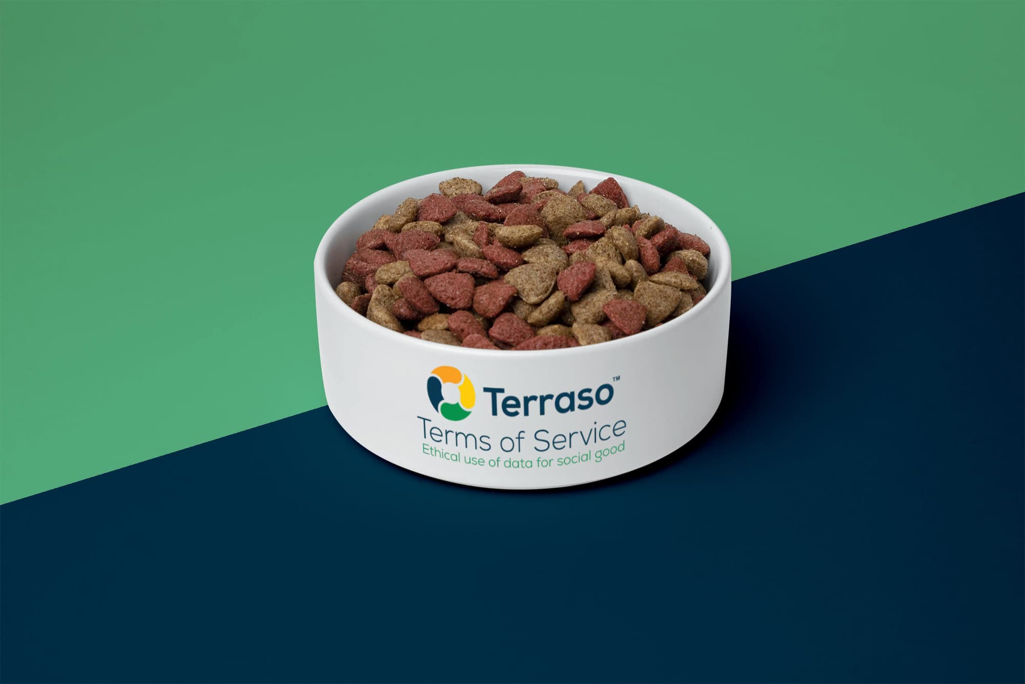 Bowl of dog food with Terraso logo on the outside in reference to the Terraso terms of service testing